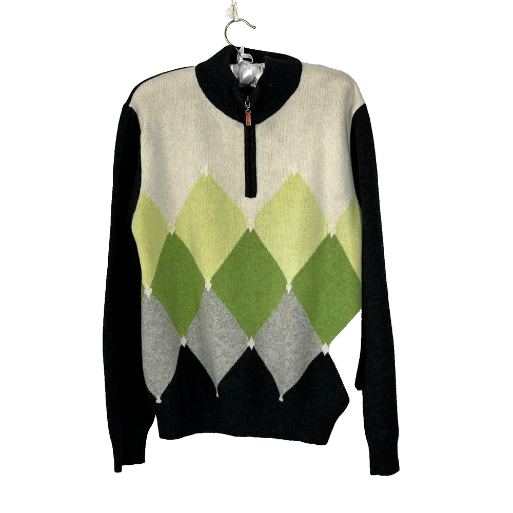 Heritage Men's Quarter Zip Wool Sweater Green Diamond Argyle Pattern
